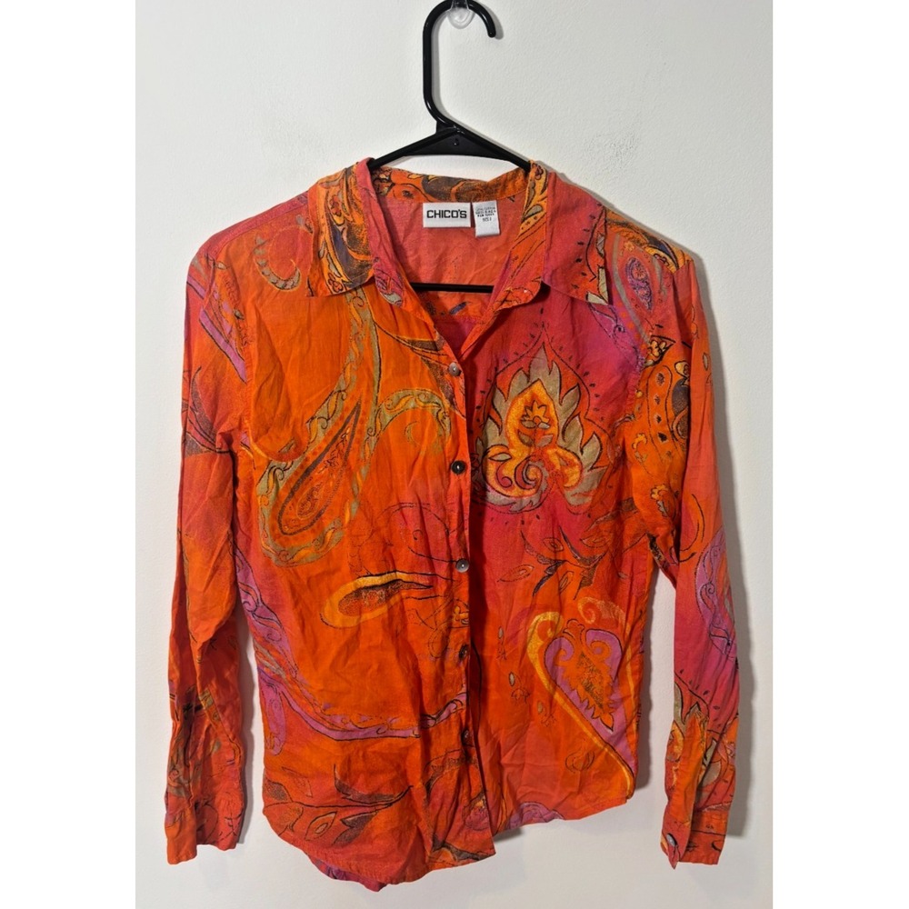 Vintage Chico's Size 0 (Small) Cotton Button Up Orange and colorful